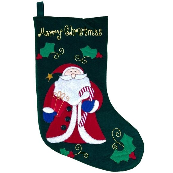 Santa Claus Green Velour Christmas Holiday Stocking Embroidered Applique 16" - Picture 1 of 9